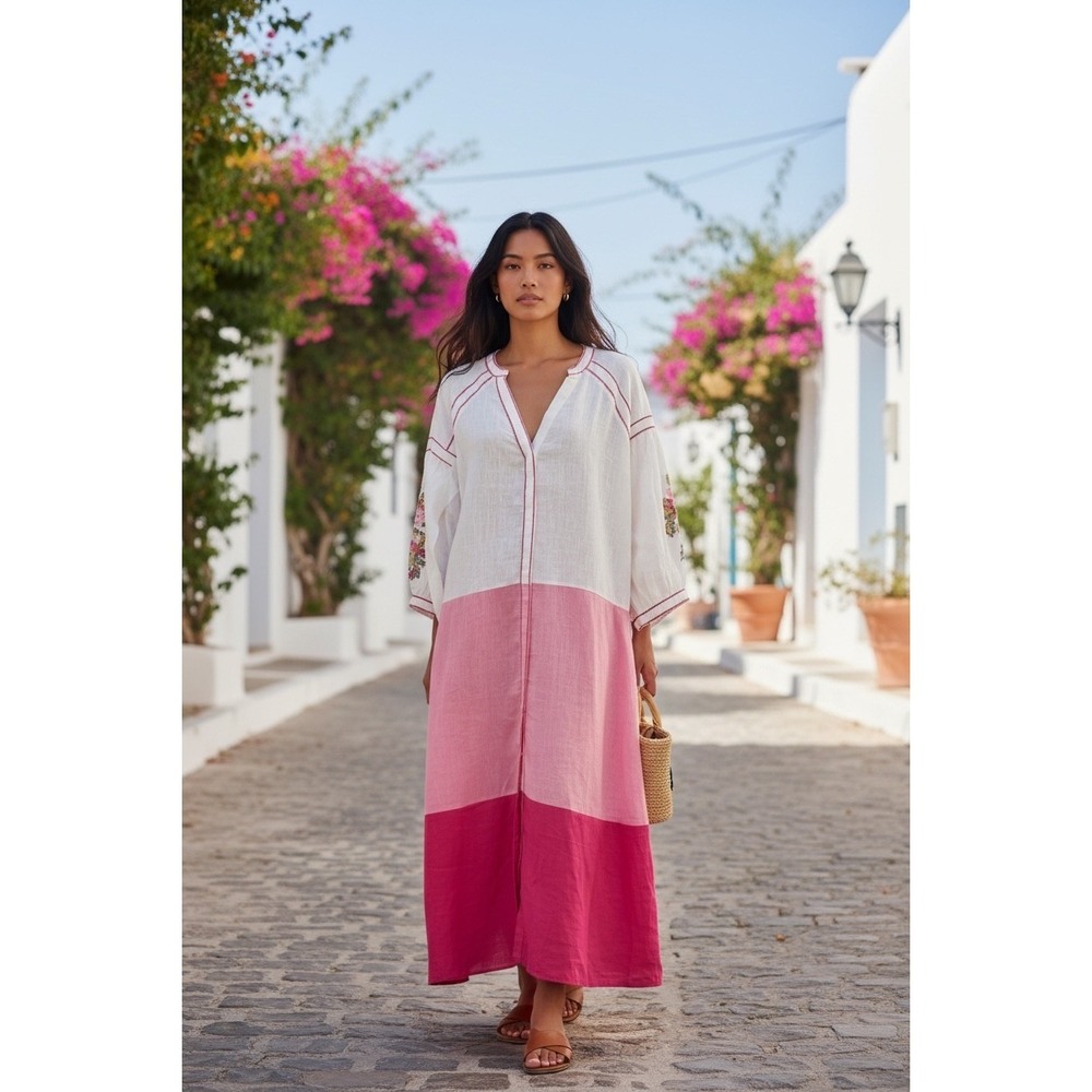 De Castro Maxi Dress Pink White Floral‎ Embroidered Linen Lg Boho Cottagecore